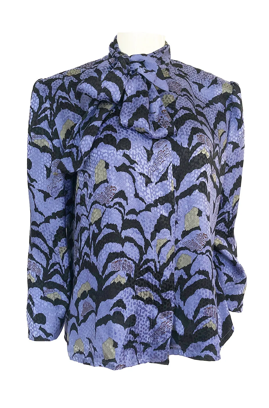 1980s Jean Louis Scherrer Blue Printed Silk Top w Asymmetrical Tie Neck