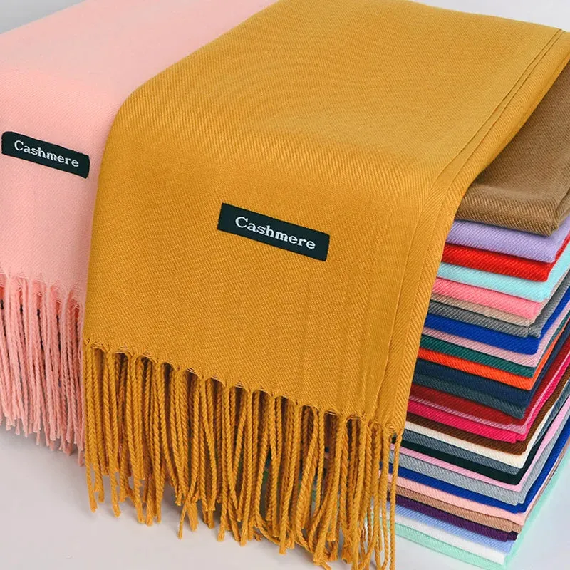 2025 Winter Cashmere Scarf Women Luxury Pashmina Shawls Long Wraps Autumn Warm Neck Scarf Tassel Ladies Scarves Black Red Green