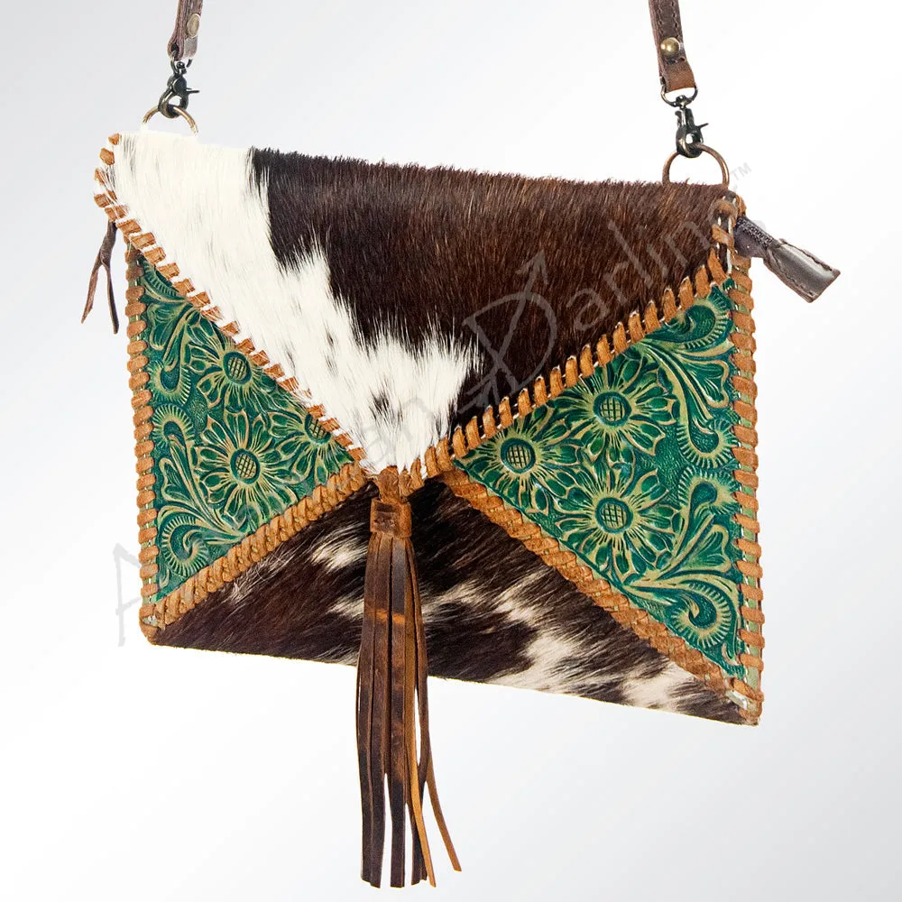 American Darling ADBG548BRW Envelope Hand Tooled Hair-On Genuine Leather Women Bag Western Handbag Purse