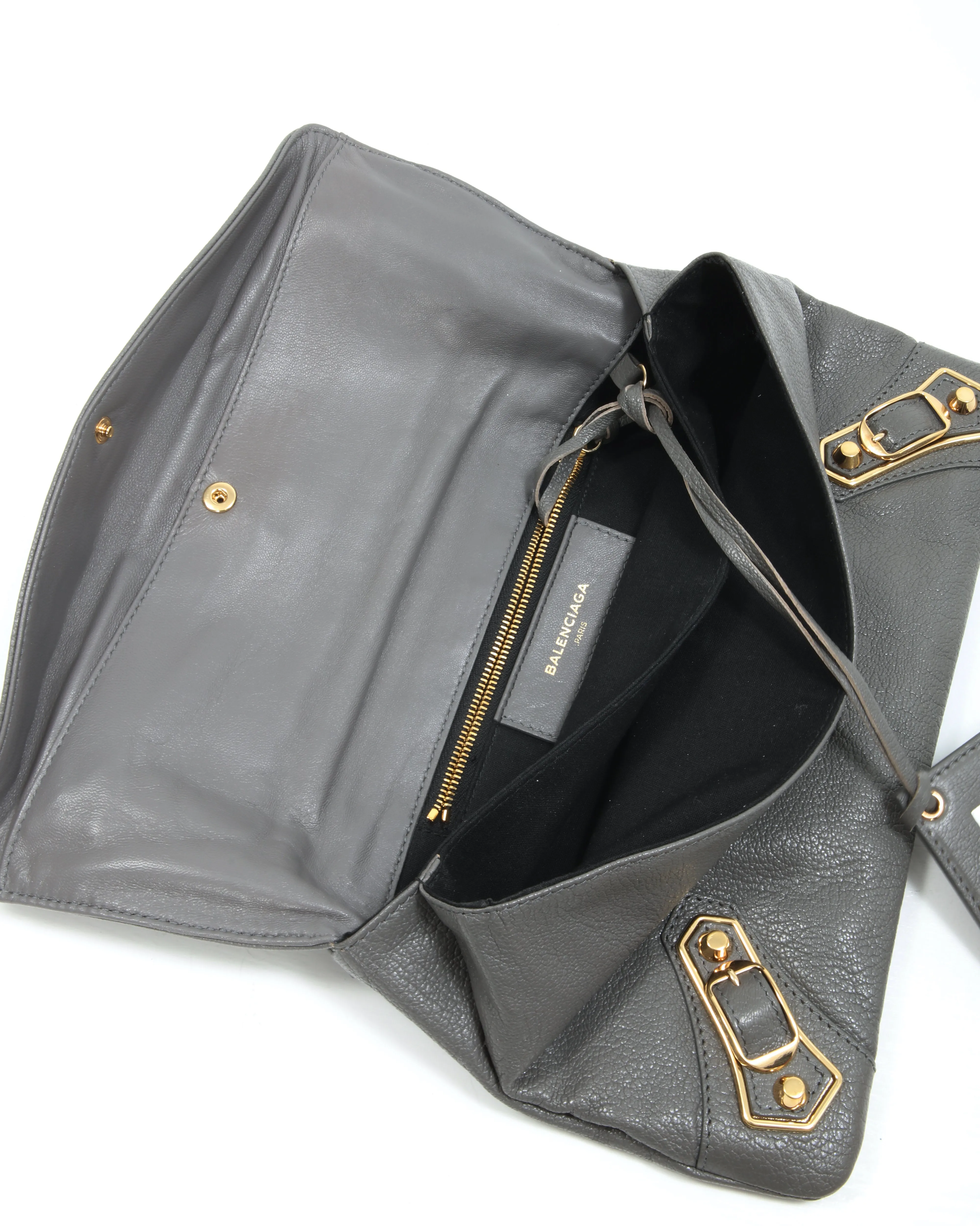 Balenciaga Grey Leather Motocross Metallic Edge Envelope Clutch