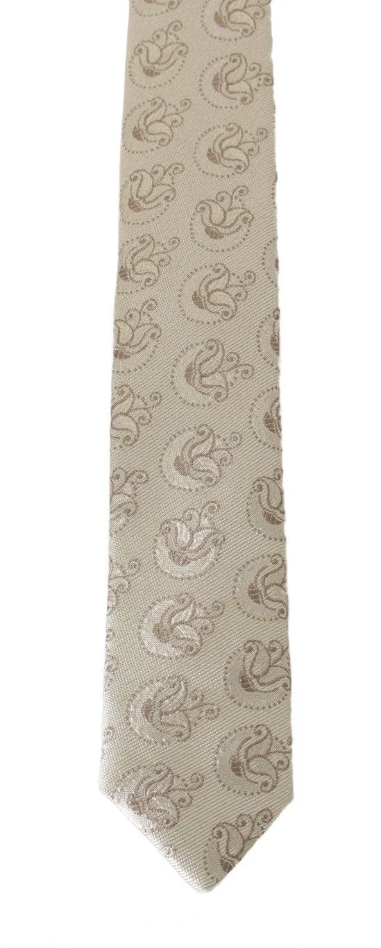 Beige Silk Floral Pattern Slim Tie
