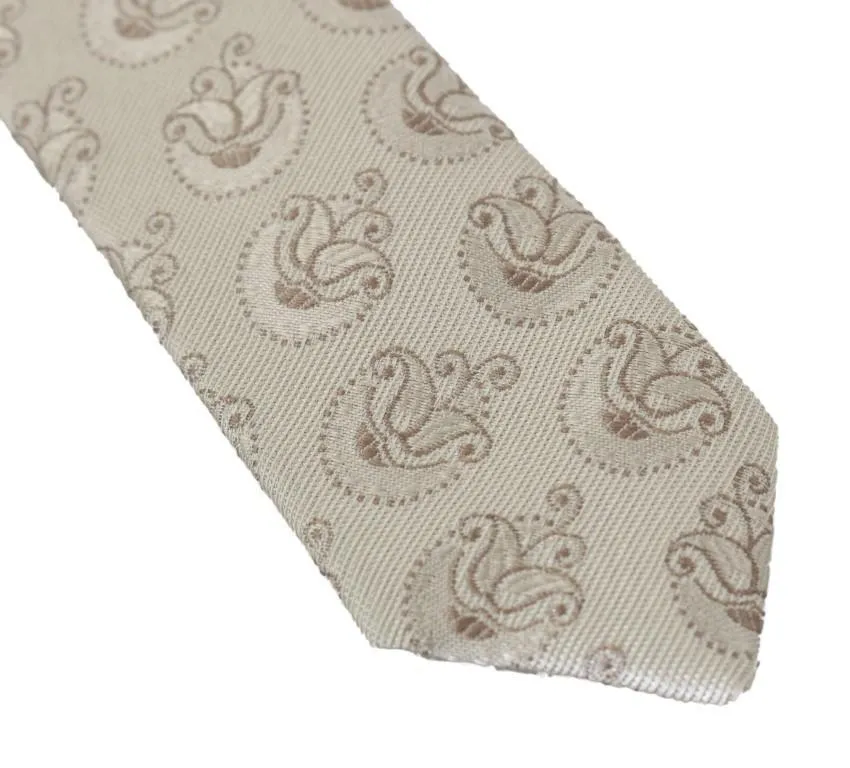 Beige Silk Floral Pattern Slim Tie