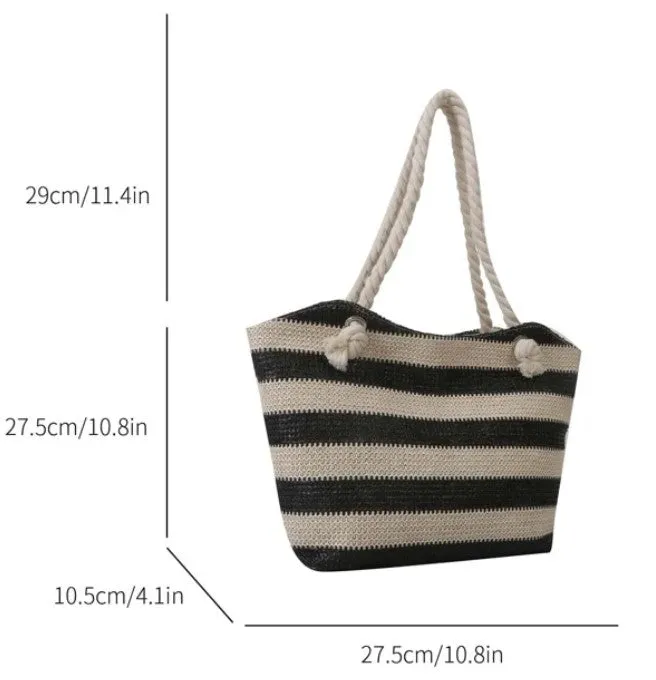 Black and White Striped Vacation Style Woven Beach Bag