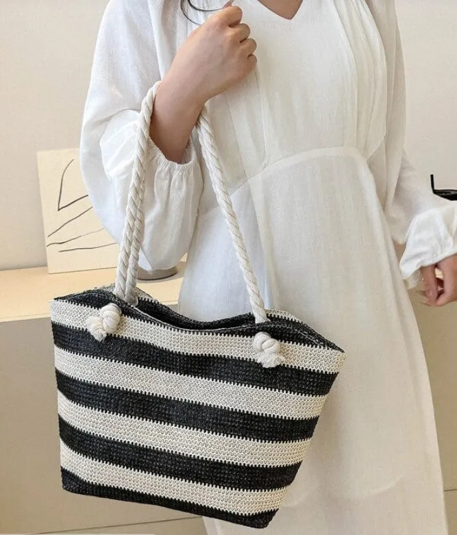 Black and White Striped Vacation Style Woven Beach Bag