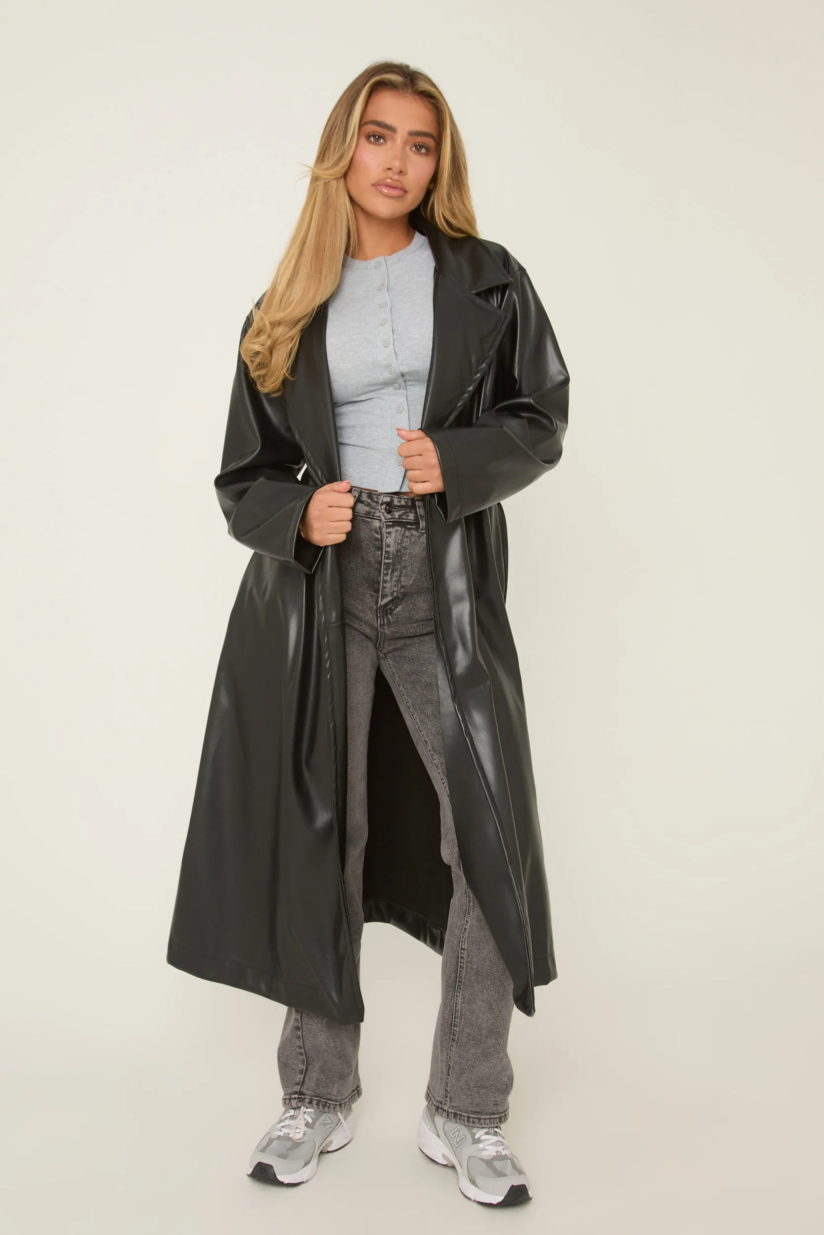 Black Faux Leather Double Breasted Oversized Longline Trench Coat - Ethel