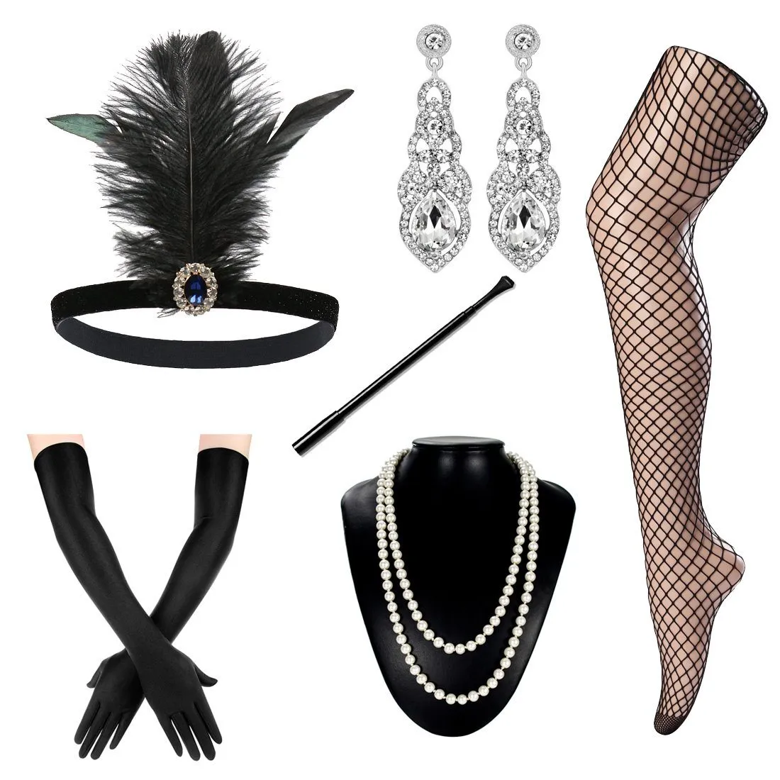Black Gatsby Costume Accessories Set of 6 1920s