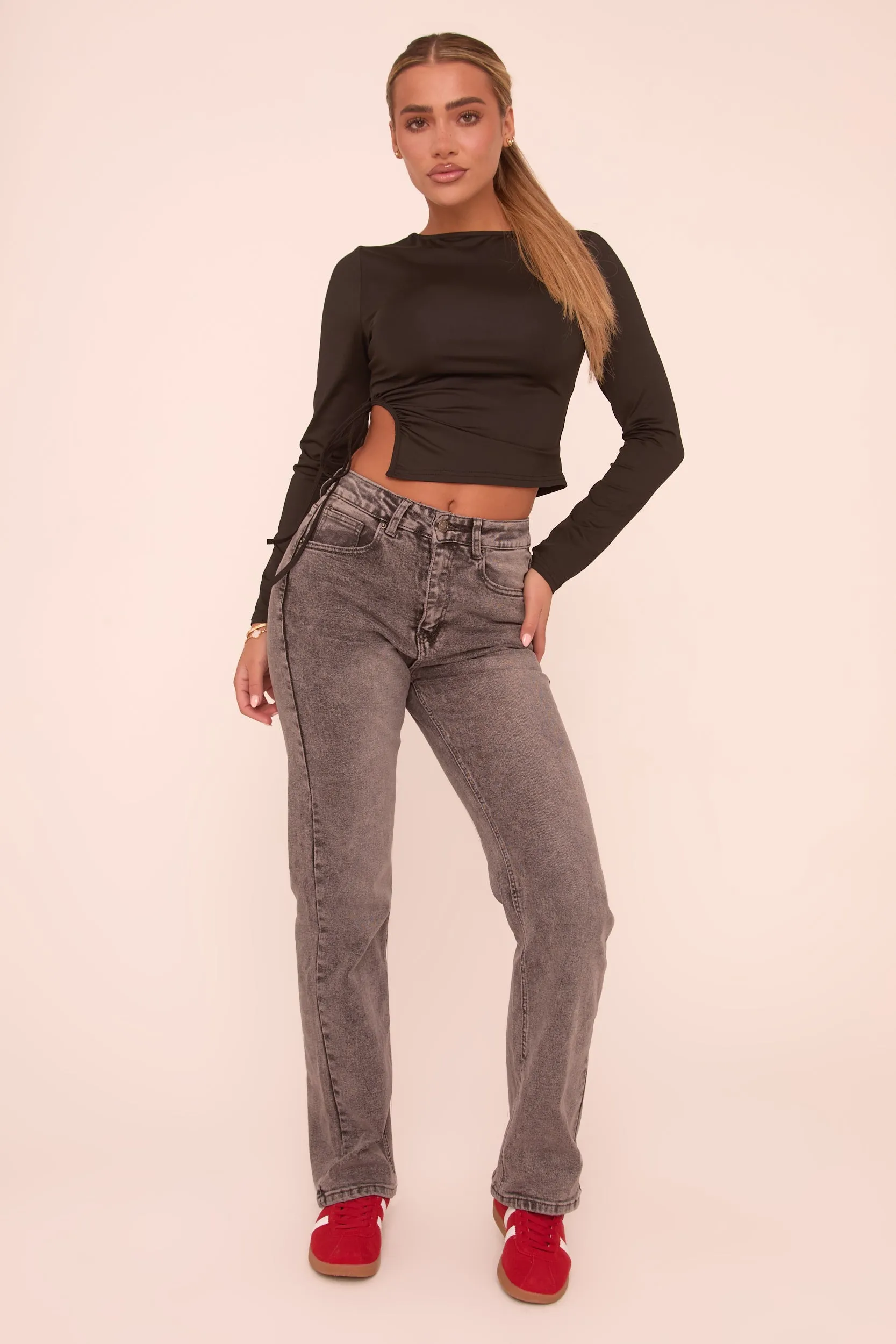 Black Round Neck Ruched Tie Detail Long Sleeve Top - Tommy
