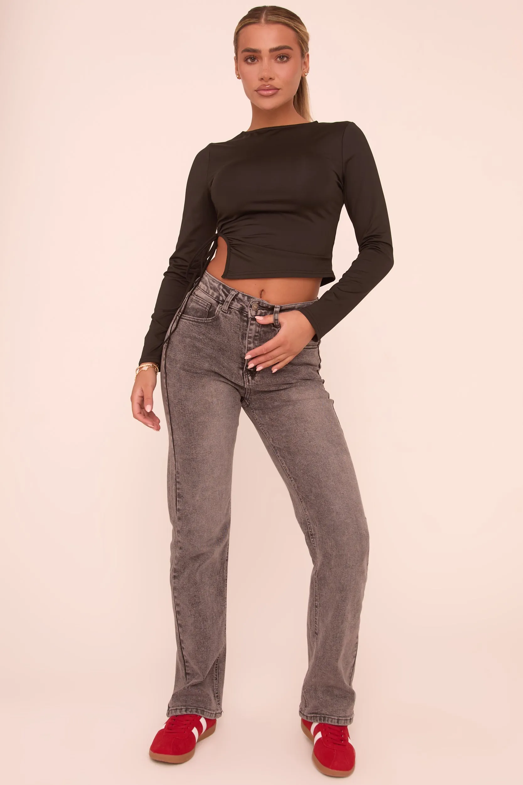 Black Round Neck Ruched Tie Detail Long Sleeve Top - Tommy