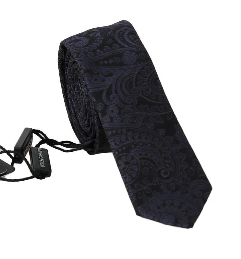 Black Silk Blue Floral Print Slim Tie