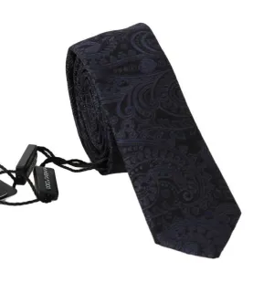 Black Silk Blue Floral Print Slim Tie