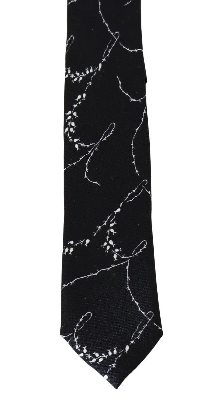 Black Silk Dog-rose Print Slim Tie