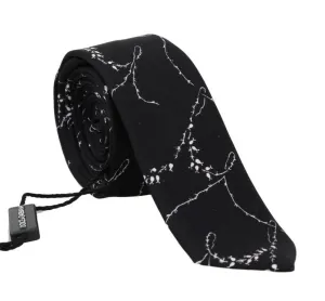 Black Silk Dog-rose Print Slim Tie