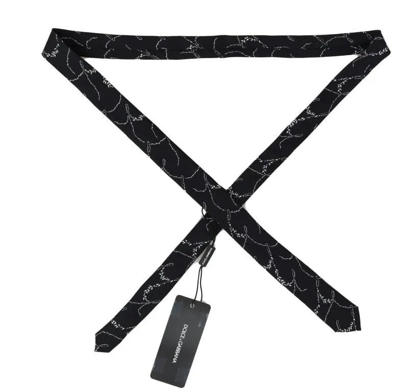 Black Silk Dog-rose Print Slim Tie