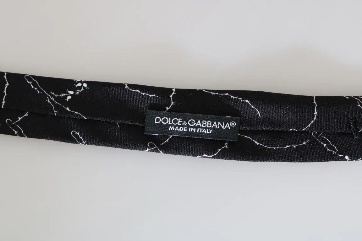 Black Silk Dog-rose Print Slim Tie