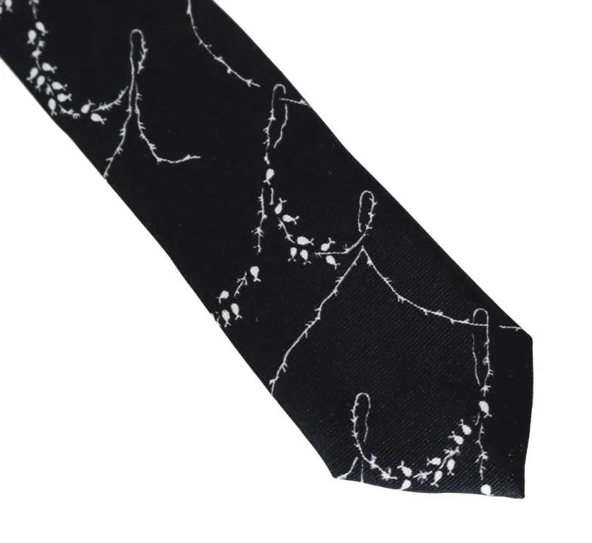 Black Silk Dog-rose Print Slim Tie