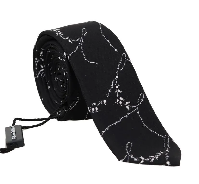Black Silk Dog-rose Print Slim Tie