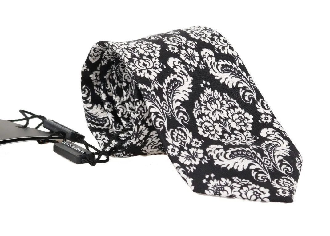 Black Silk White Floral Pattern Classic Tie