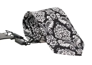Black Silk White Floral Pattern Classic Tie