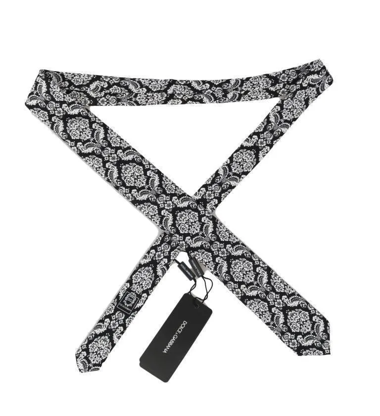 Black Silk White Floral Pattern Classic Tie