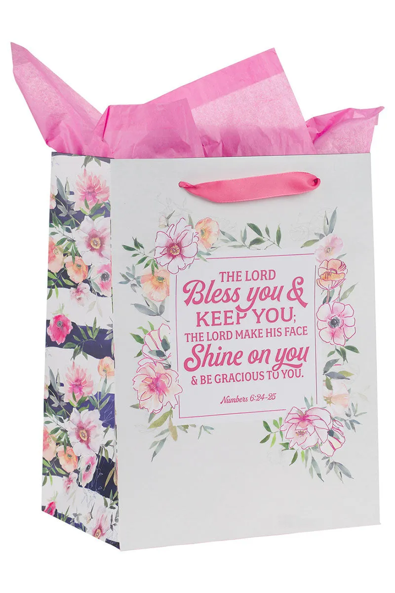 Bless You and Keep You Pink Floral Large Portrait 3-in-1 Gift Bag Set