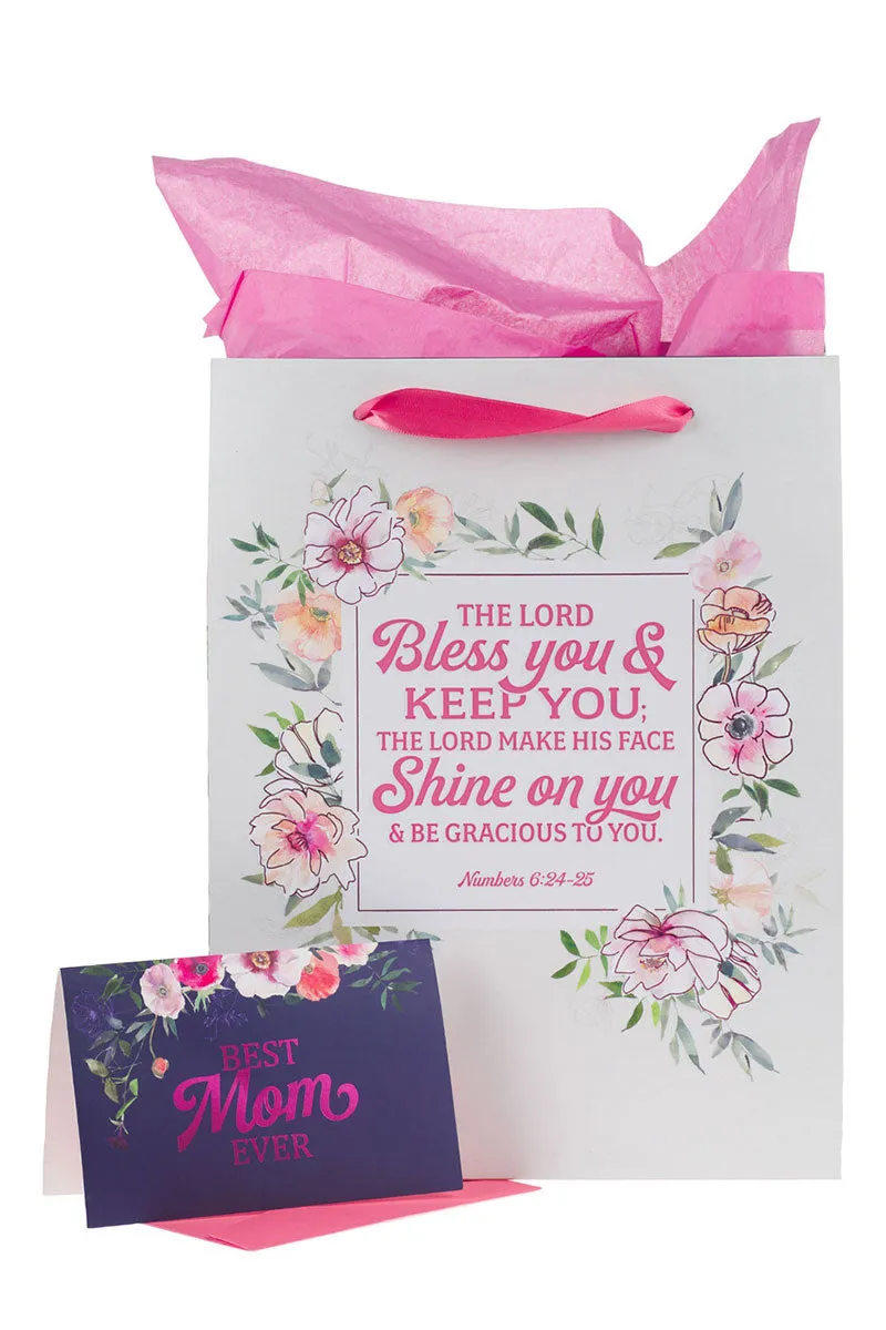 Bless You and Keep You Pink Floral Large Portrait 3-in-1 Gift Bag Set