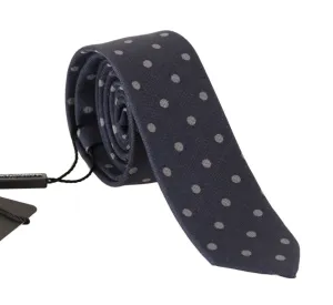 Blue Silk Gray Polka Dot Print Slim Tie