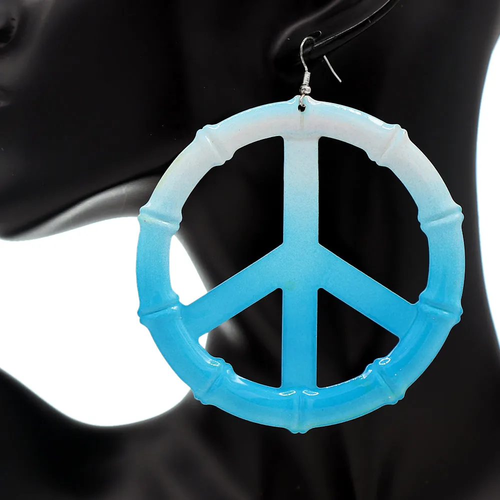 Blue Two Tone Large Peace Sign Metal Earrings