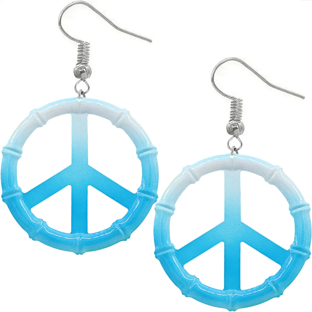 Blue Two Tone Large Peace Sign Metal Earrings