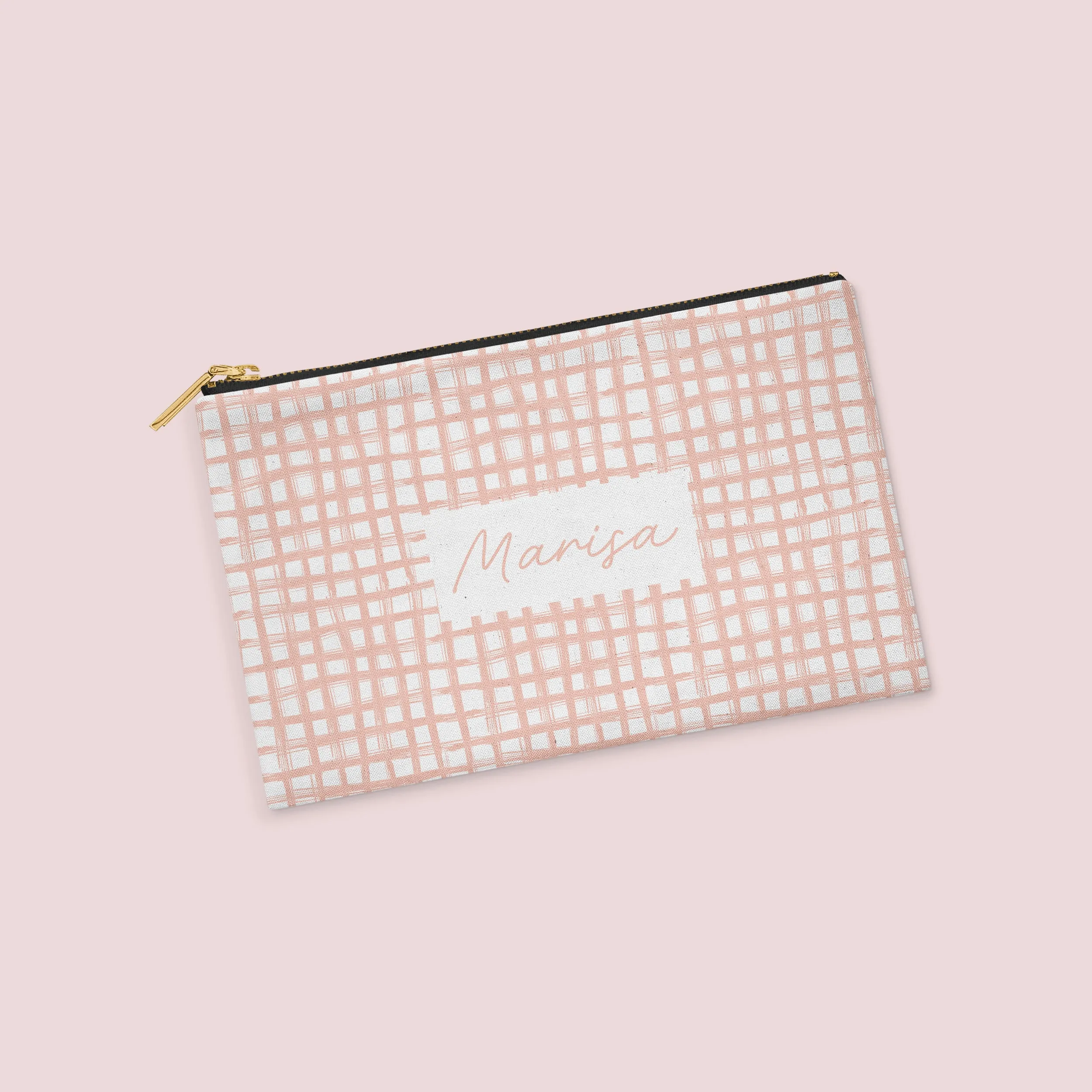 Blush Brushstroke Plaid Personalized Zipper Pouch