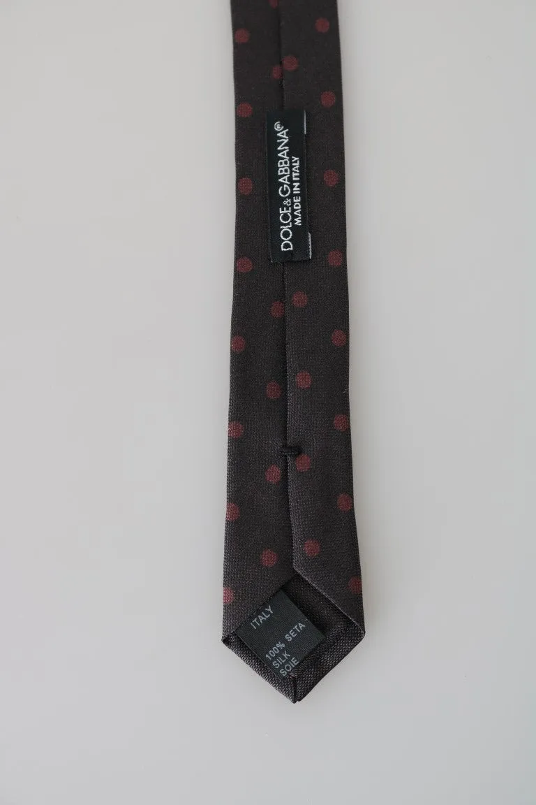 Brown Silk Red Polka Dot Print Slim Tie