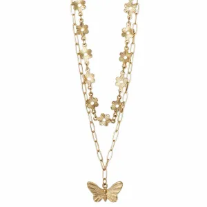 Butterfly Layer Necklace with Gold Flowers