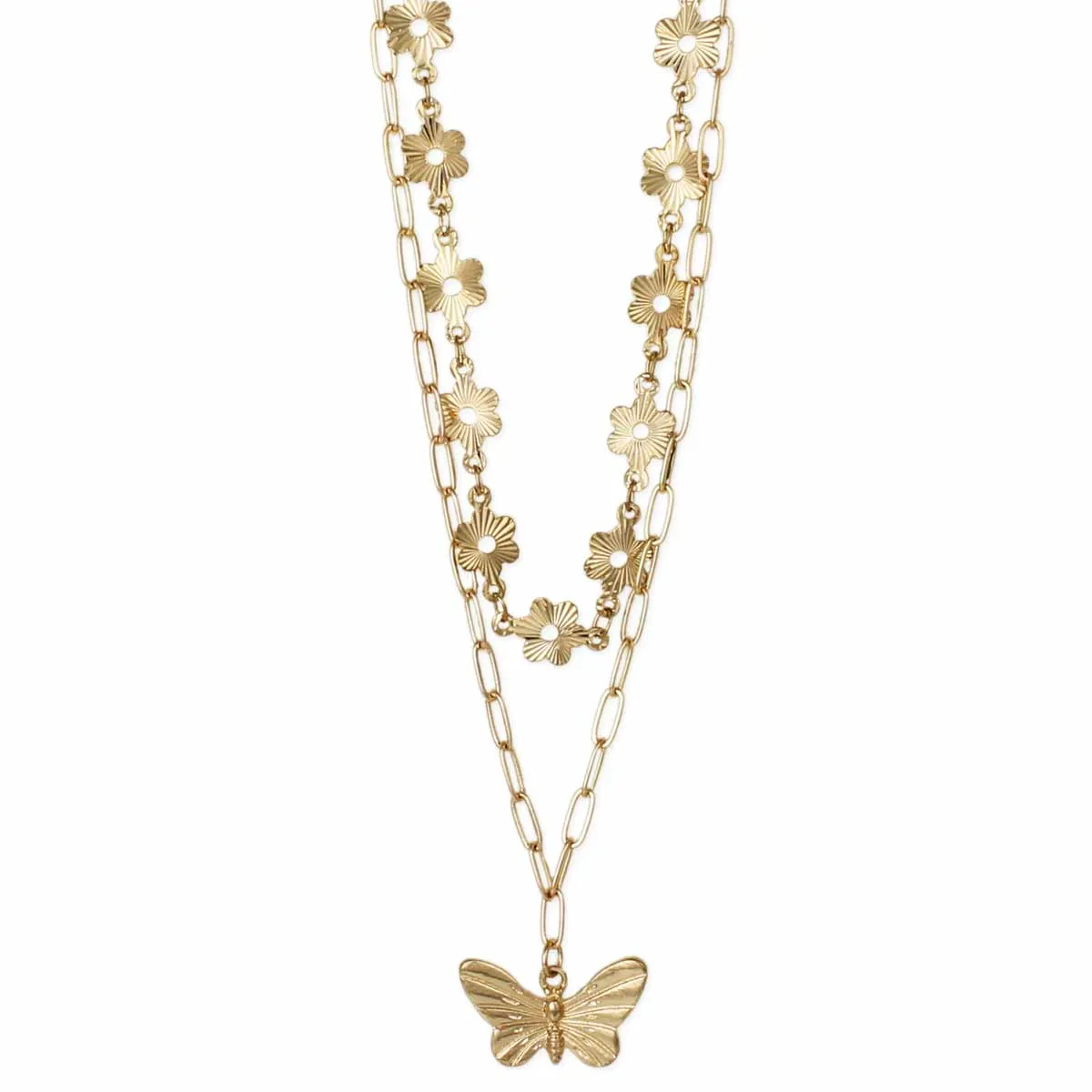 Butterfly Layer Necklace with Gold Flowers