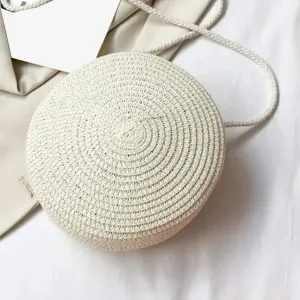 Christianartbag Handmade Bag, Minimalist Straw Bag Round, Flower Graphic Circle Straw Bag, Vintage Shoulder Beach Bag, Women's Crossbody Purse Mini Floral Decor Straw Crossbody Bag, CABHMB02141023.