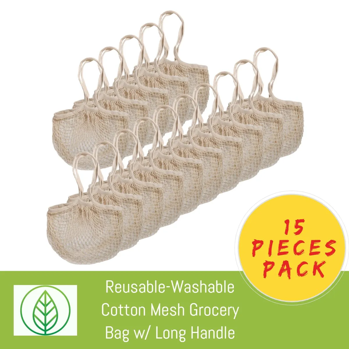Cotton Mesh Produce and Grocery Bags w/ Long Handle – Eco-Friendly and Durable