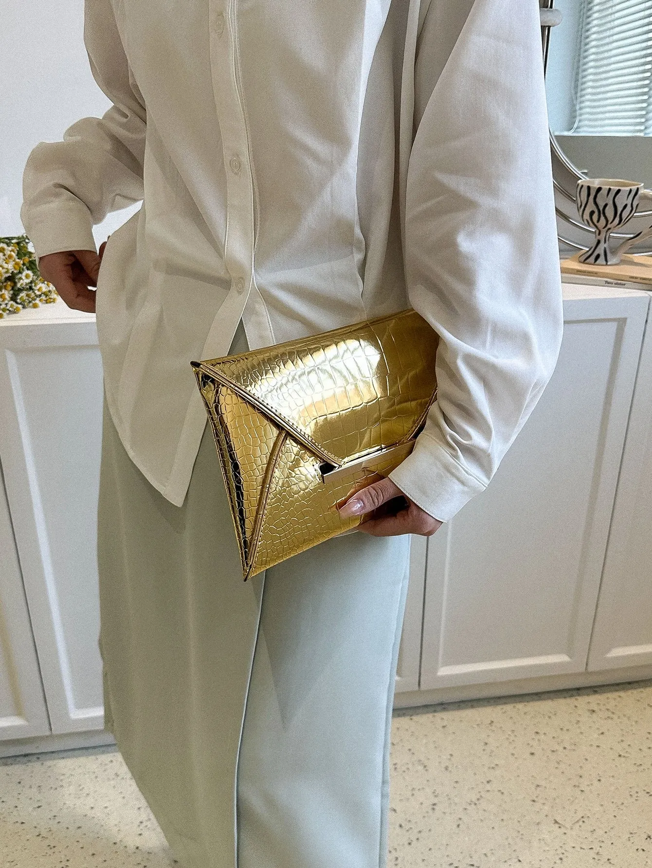 Crocodile Embossed Metallic Envelope Bag - Gold