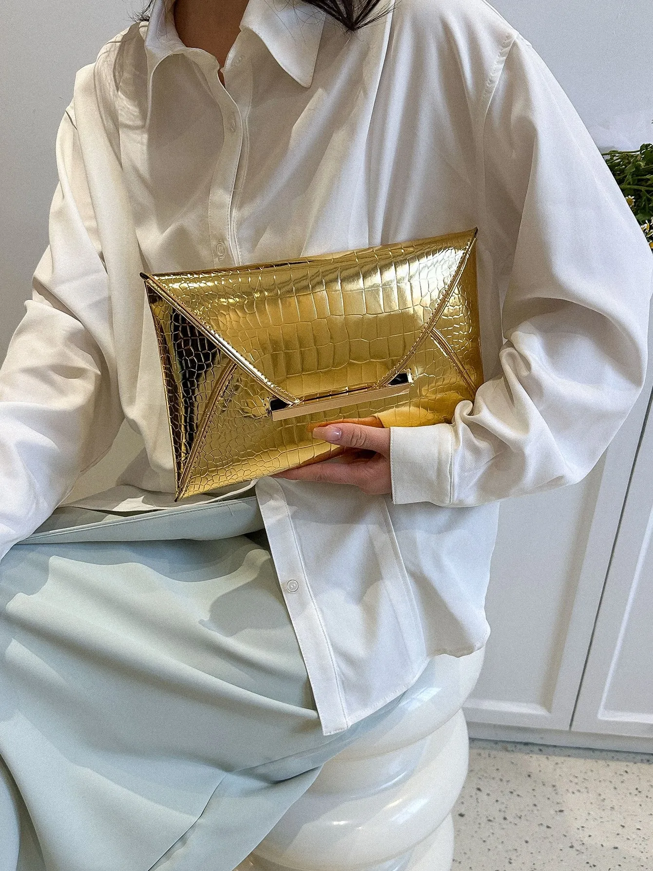 Crocodile Embossed Metallic Envelope Bag - Gold