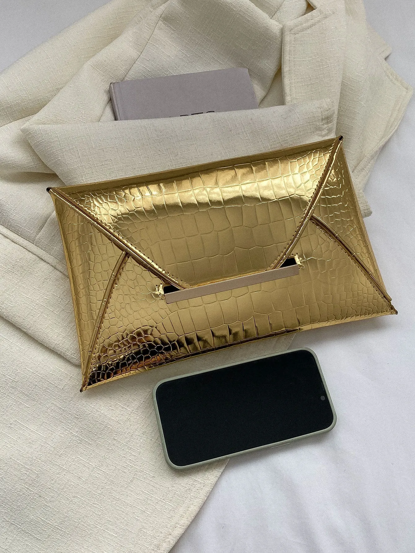 Crocodile Embossed Metallic Envelope Bag - Gold