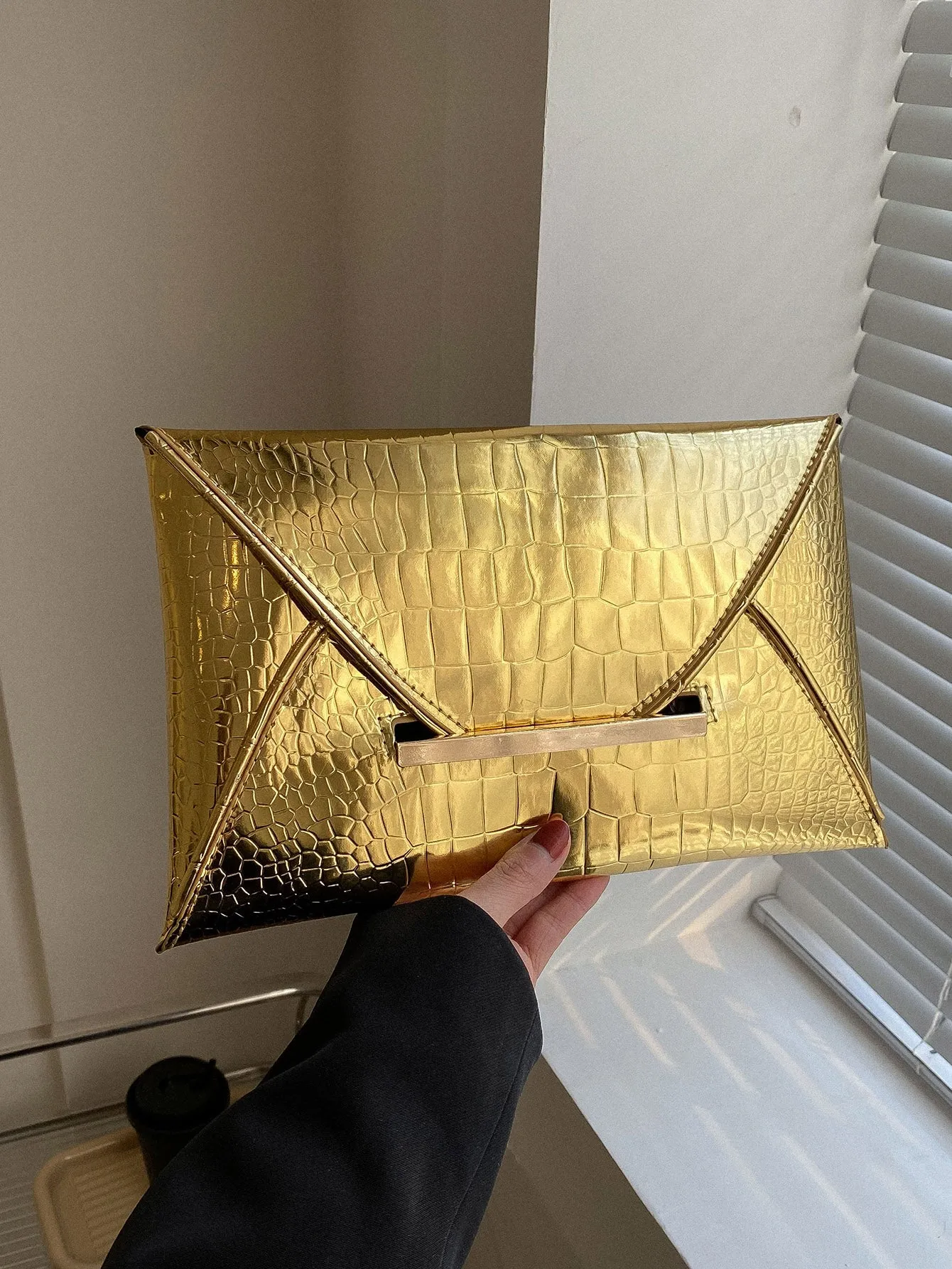 Crocodile Embossed Metallic Envelope Bag - Gold