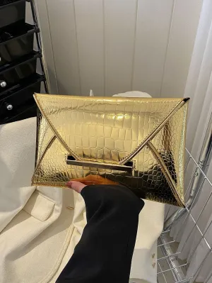 Crocodile Embossed Metallic Envelope Bag - Gold