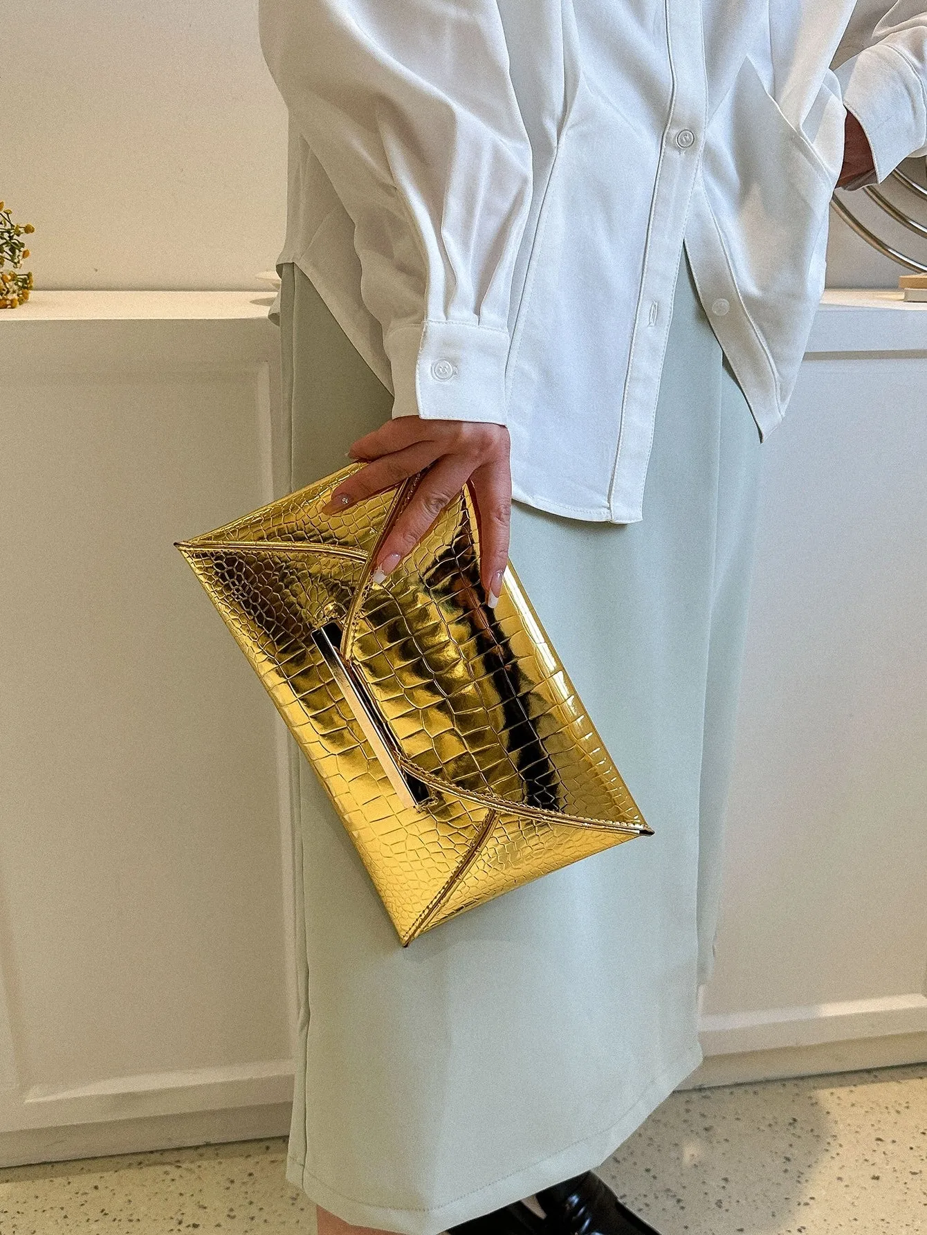Crocodile Embossed Metallic Envelope Bag - Gold