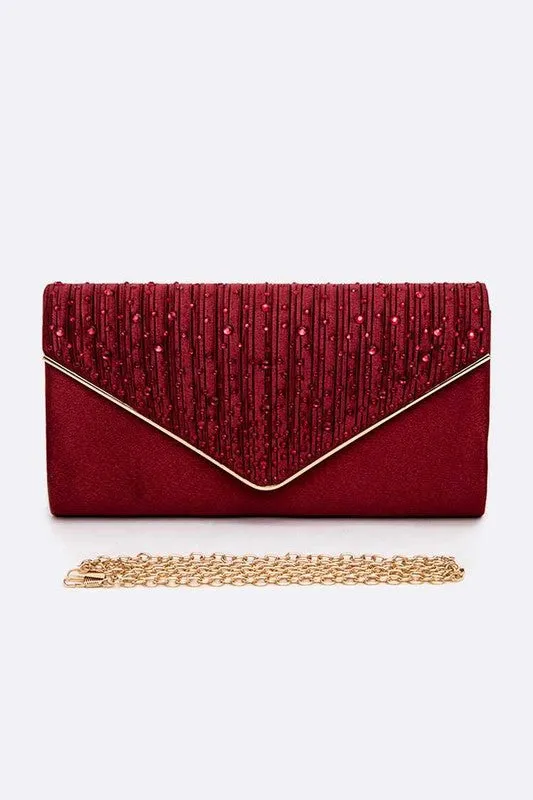 Crystal Pave Pleated Satin Clutch Bag