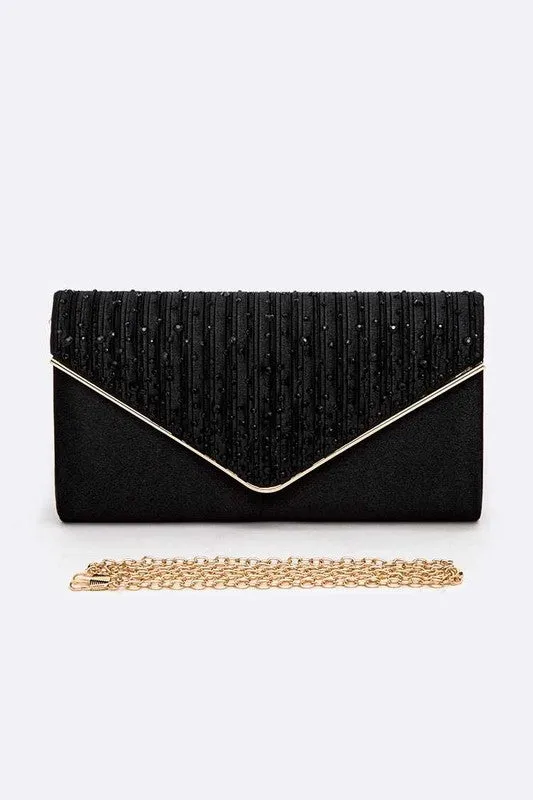 Crystal Pave Pleated Satin Clutch Bag