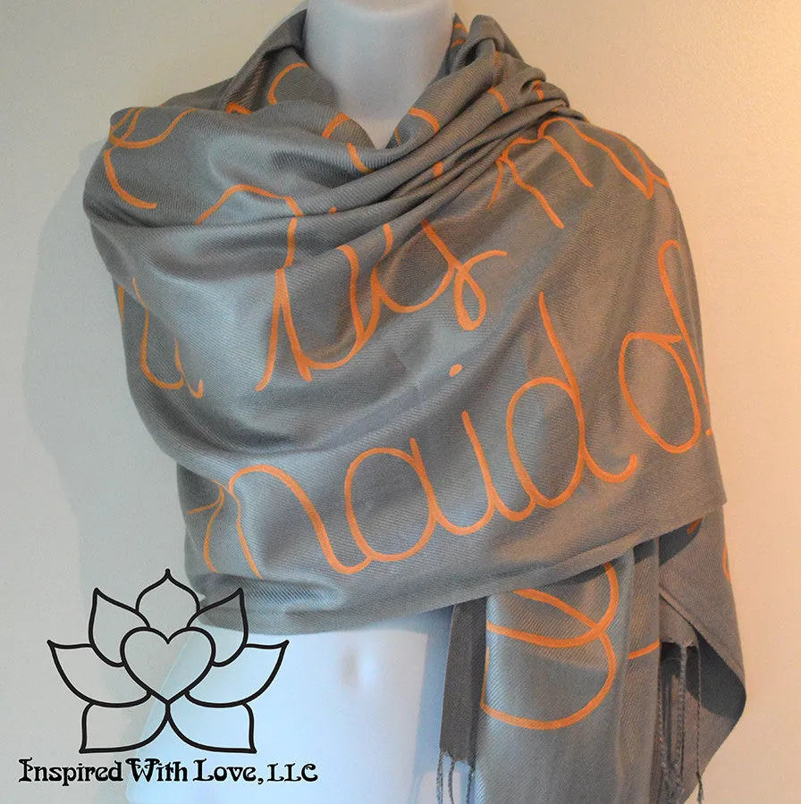 Custom Hand-painted Script Pashmina Ash Gray Scarf (Pashmina/Silk blend) - Made to Order