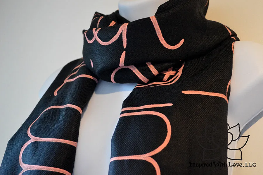 Custom Hand-painted Script Pashmina Black Scarf (Pashmina/Silk blend) - Made to Order