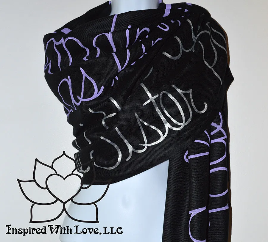 Custom Hand-painted Script Pashmina Black Scarf (Pashmina/Silk blend) - Made to Order