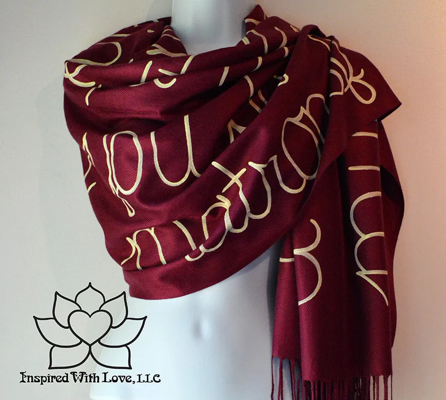 Custom Hand-painted Script Pashmina Burgundy Scarf (Pashmina/Silk blend) - Made to Order