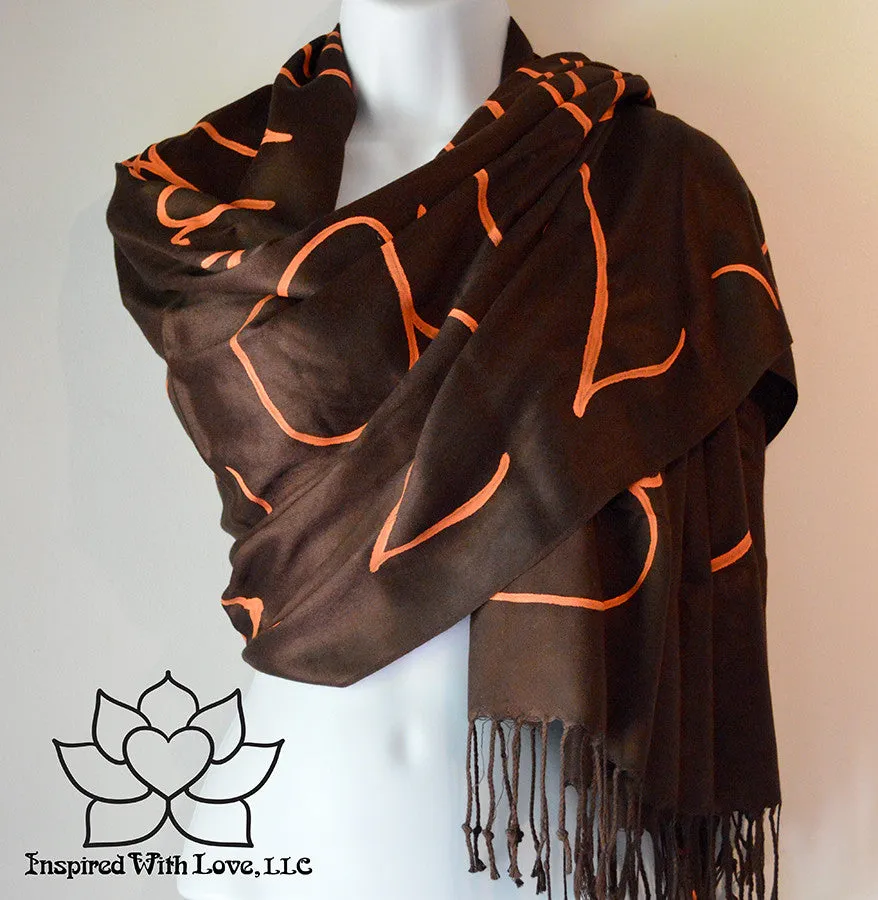 Custom Hand-painted Script Pashmina Chocolate Brown Scarf (Pashmina/Silk blend) - Made to Order