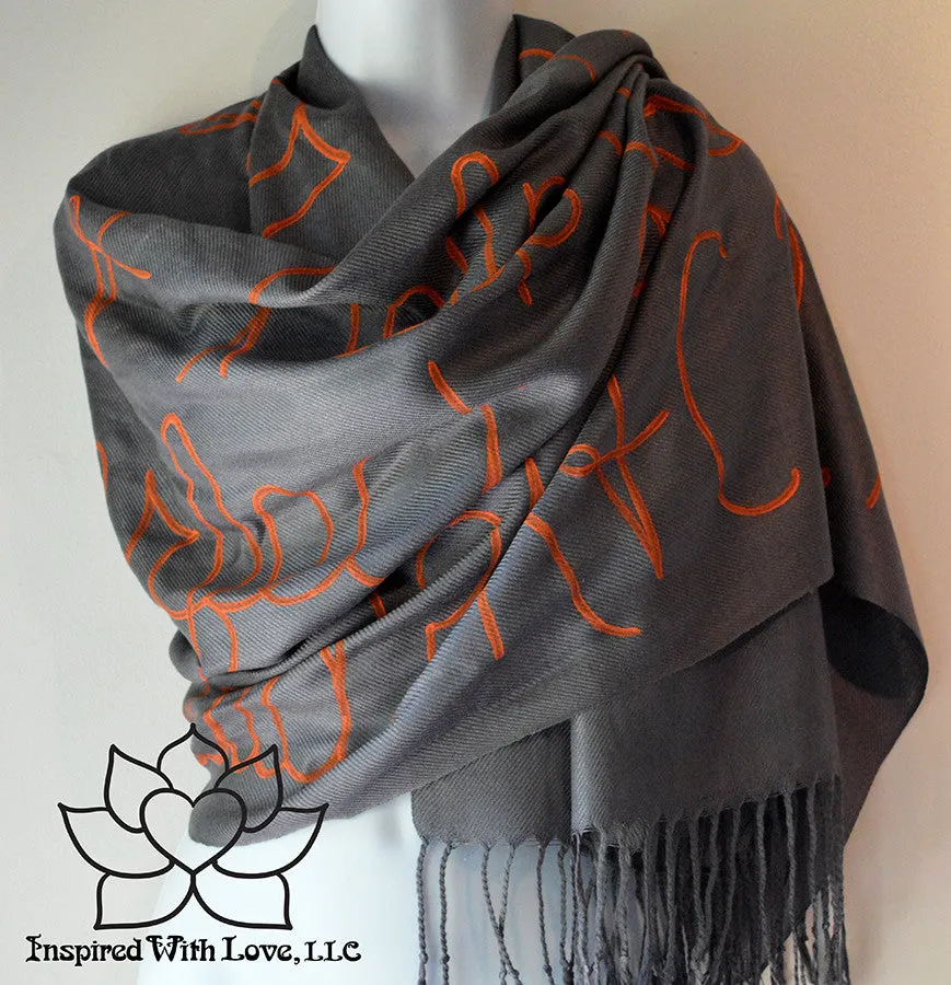 Custom Hand-painted Script Pashmina Dark Gray Scarf (Viscose/Acrylic blend) - Made to Order