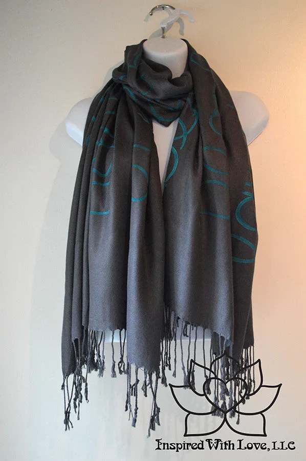 Custom Hand-painted Script Pashmina Dark Gray Scarf (Viscose/Acrylic blend) - Made to Order