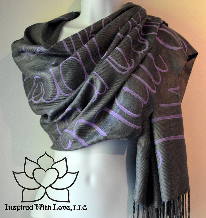 Custom Hand-painted Script Pashmina Dark Gray Scarf (Viscose/Acrylic blend) - Made to Order